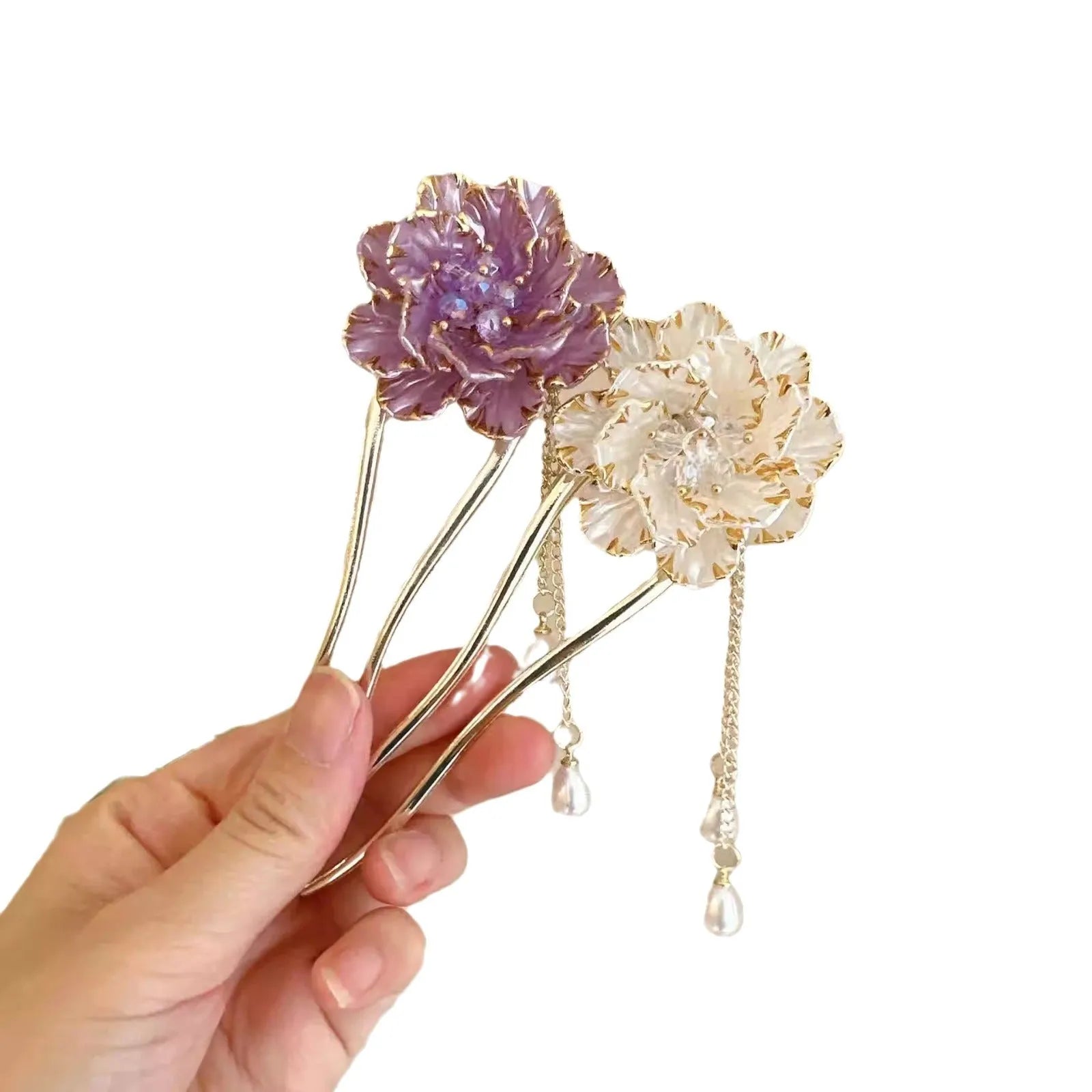 Purple and white peony flower tassel U-shaped alloy hairpin on display