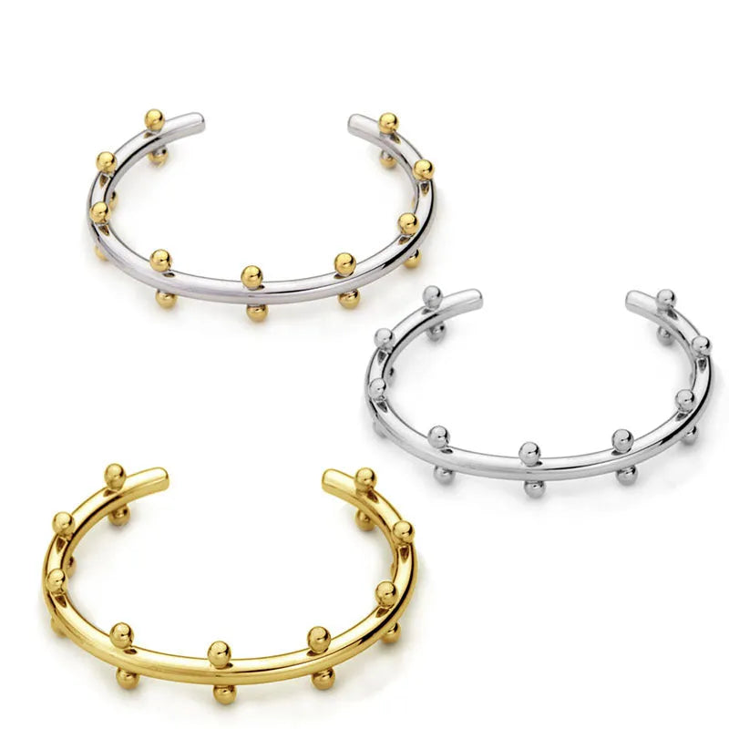 Stainless steel C-shaped personality texture rivet bean beads bracelet in three colour options