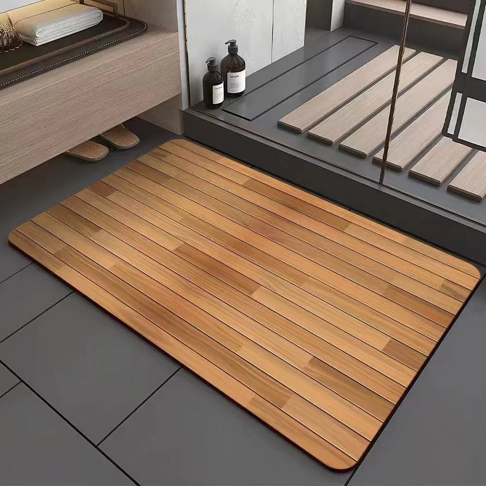 Square American wood grain patterned diatom ooze bathroom floor mat with non-slip backing.
