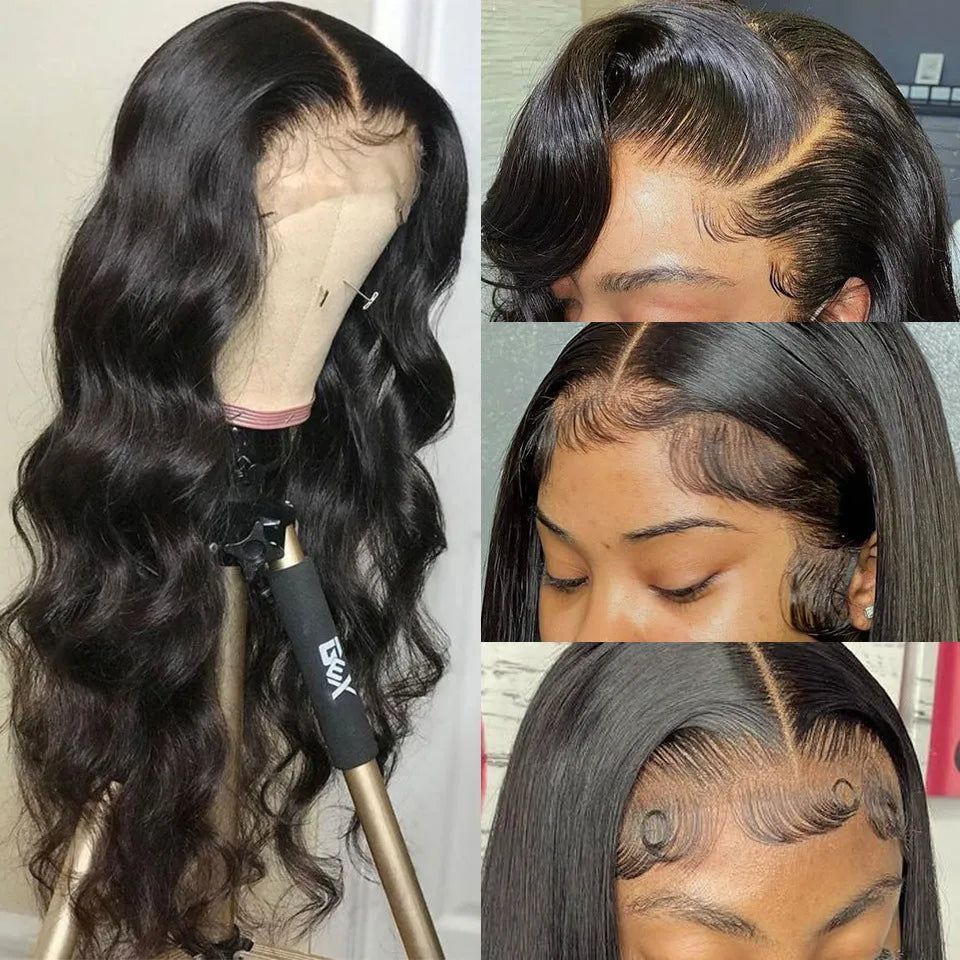 Black synthetic front lace wig with long curly hair and side bangs