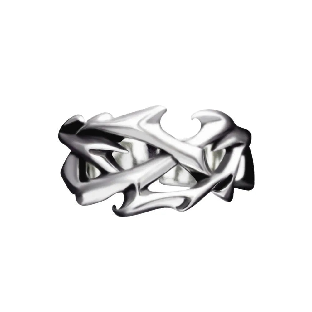Adjustable copper men's ring with thorn flower design in geometric shape