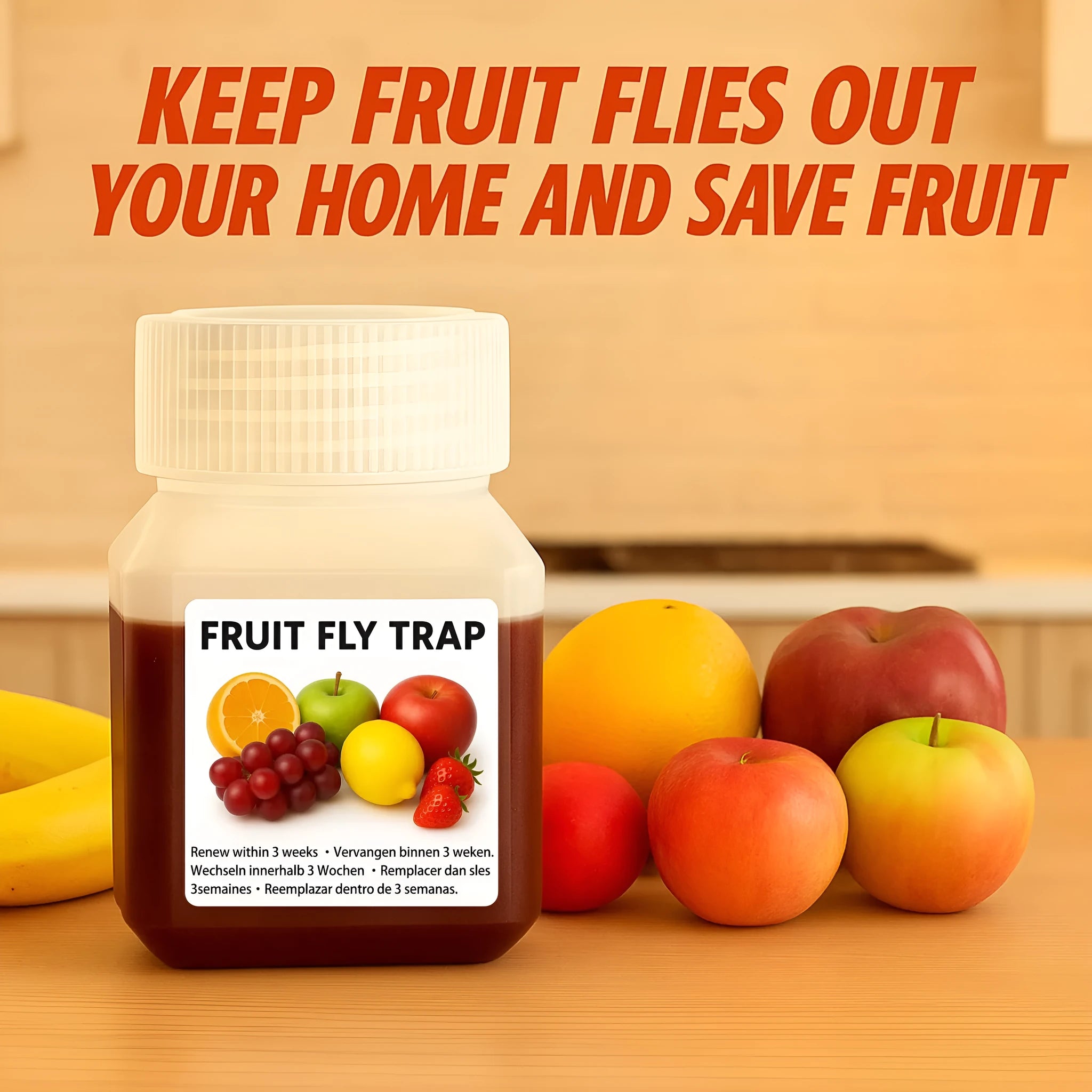 Bottle of SK003 fruit fly trapper bait liquid with funnel packaging option