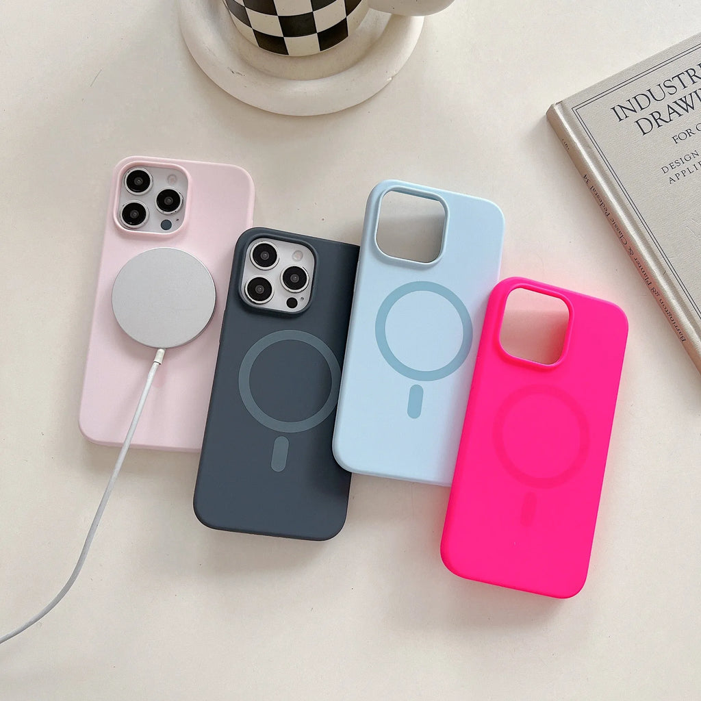 Solid colour liquid silicone magnetic phone case with frosted finish, shockproof protection, for iPhone 14 Pro Max