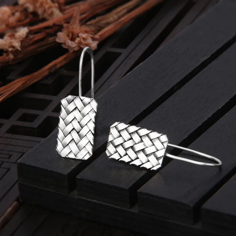 Silver diamond plaid woven geometric earrings rectangular 17.5mm by 11mm