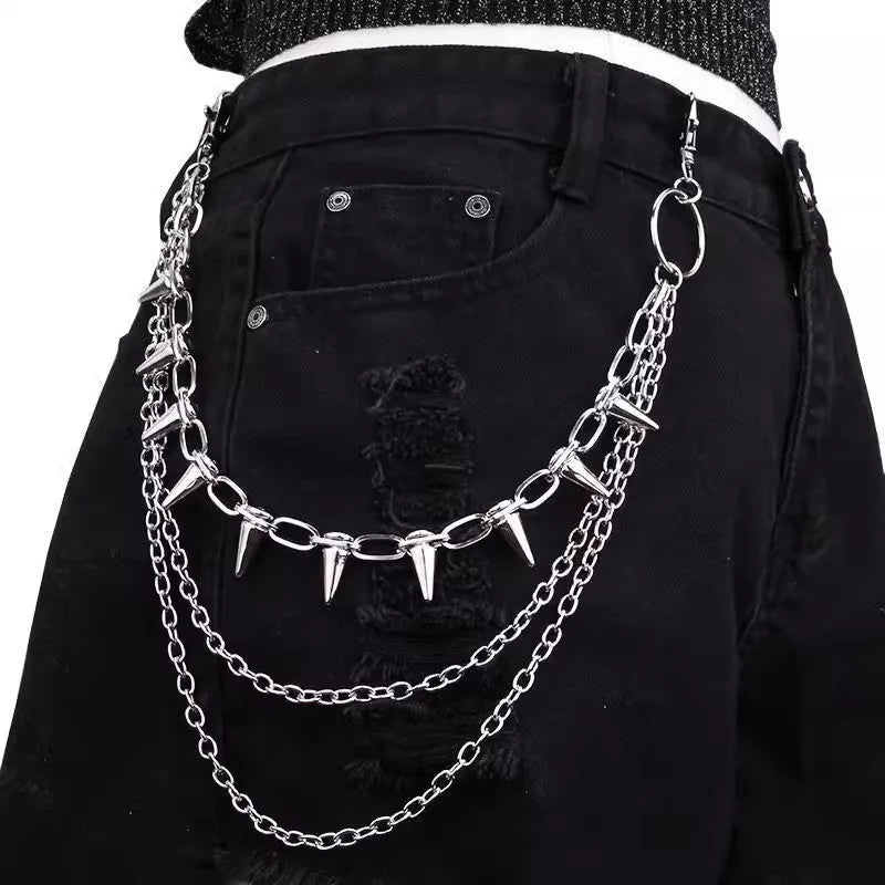 Double layer silver metal trousers chain with rivet details for punk hip hop fashion