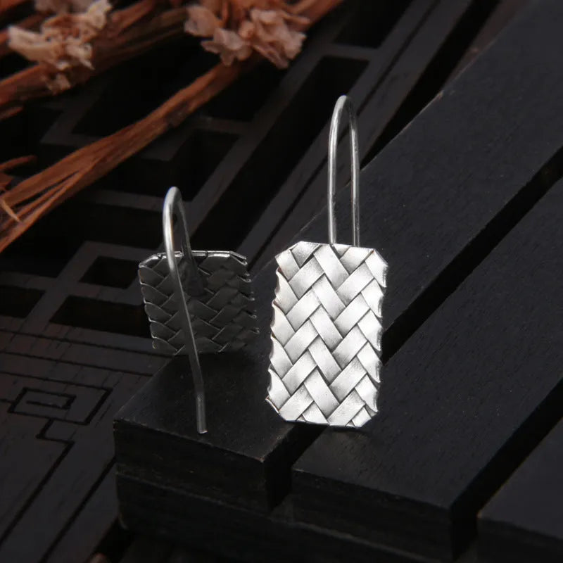Silver diamond plaid woven geometric earrings rectangular 17.5mm by 11mm