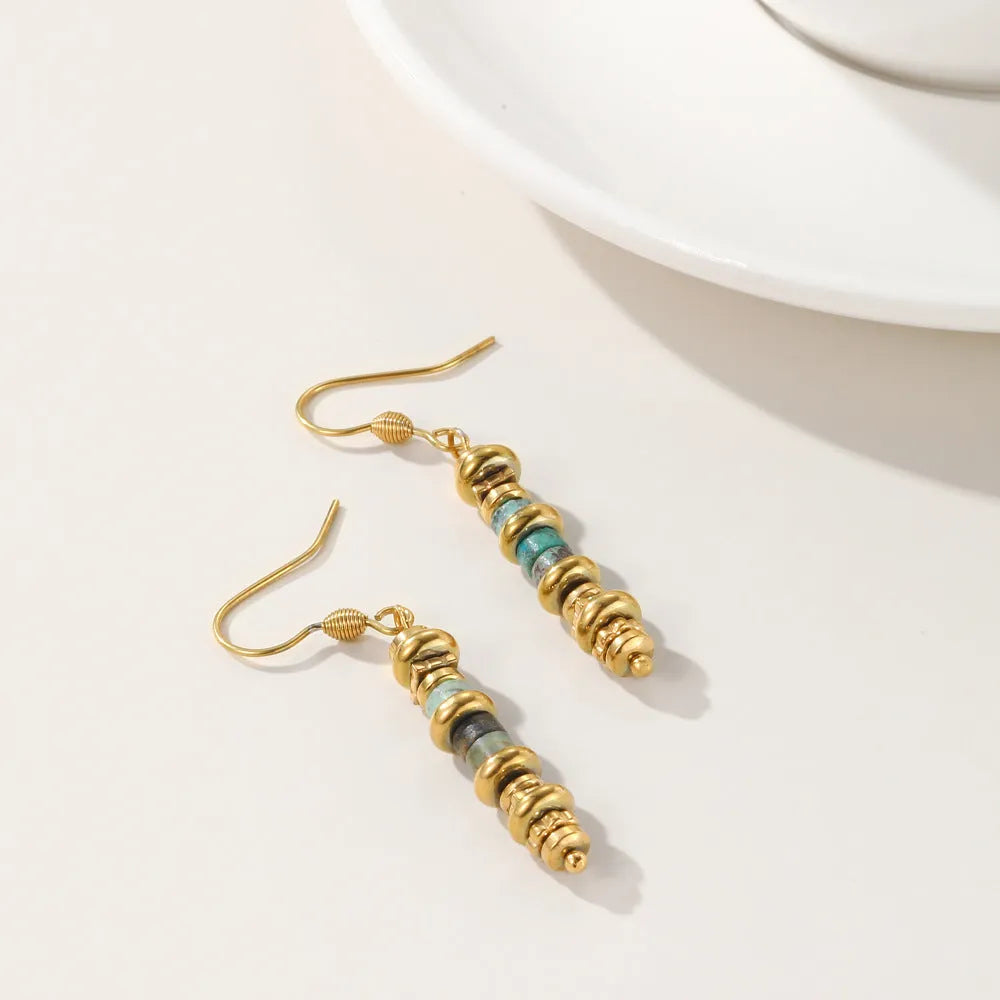 Geometric titanium steel dangle earrings with silver-toned finish and retro design