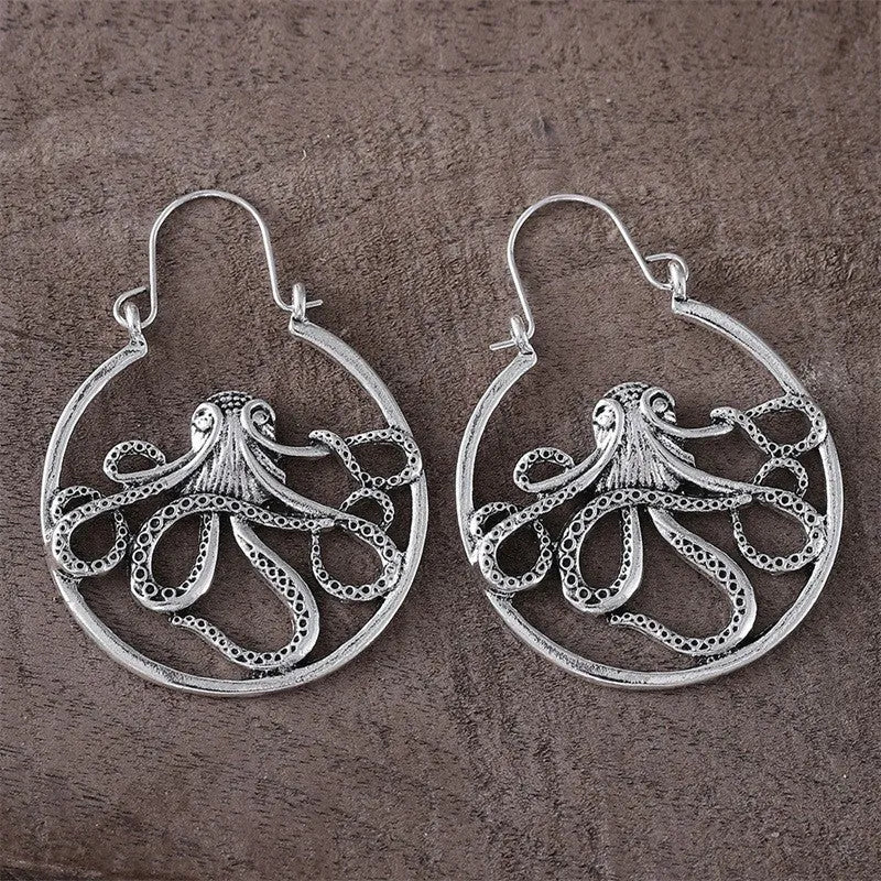 Vintage octopus earrings in antique silver finish with detailed animal zodiac modelling