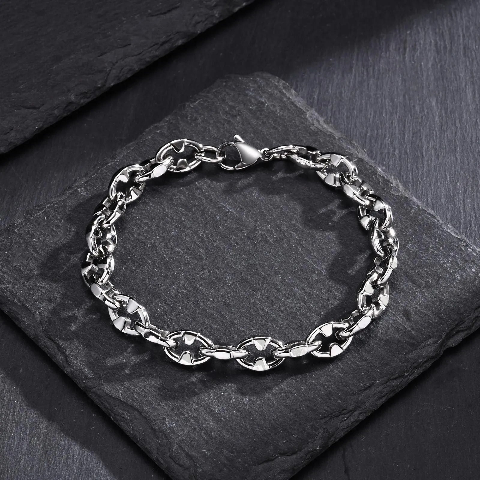 Stainless steel geometric thick chain bracelet with handmade links, steel colour finish