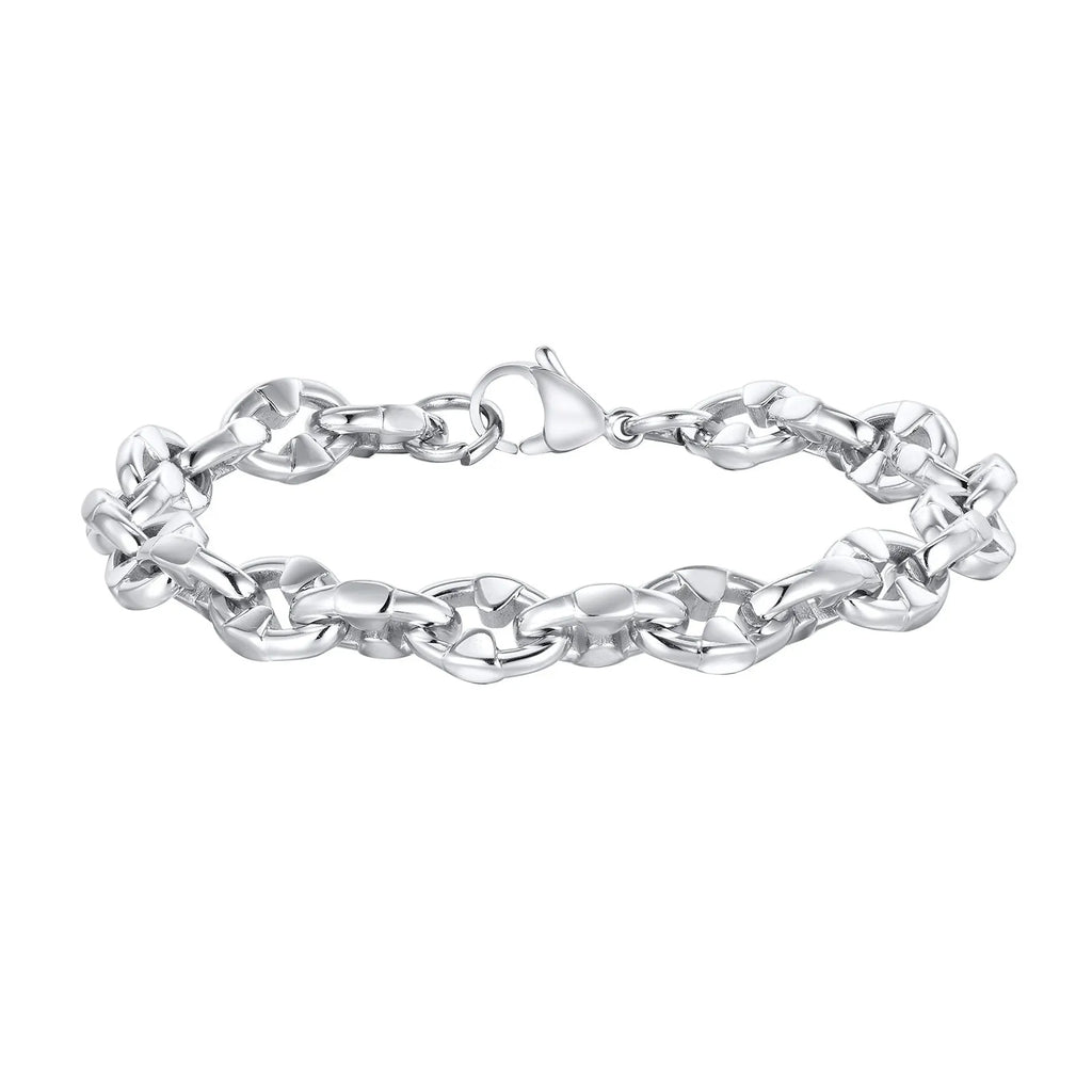 Stainless steel geometric thick chain bracelet with handmade links, steel colour finish
