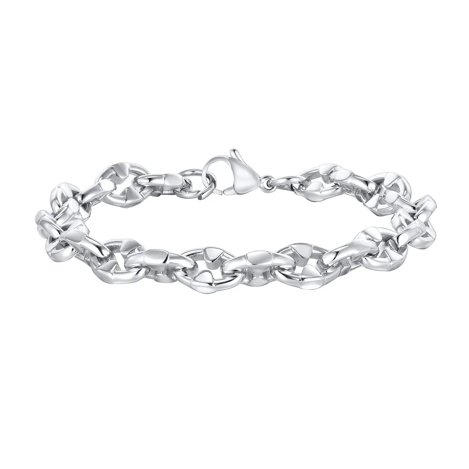 Stainless steel geometric thick chain bracelet with handmade links, steel colour finish