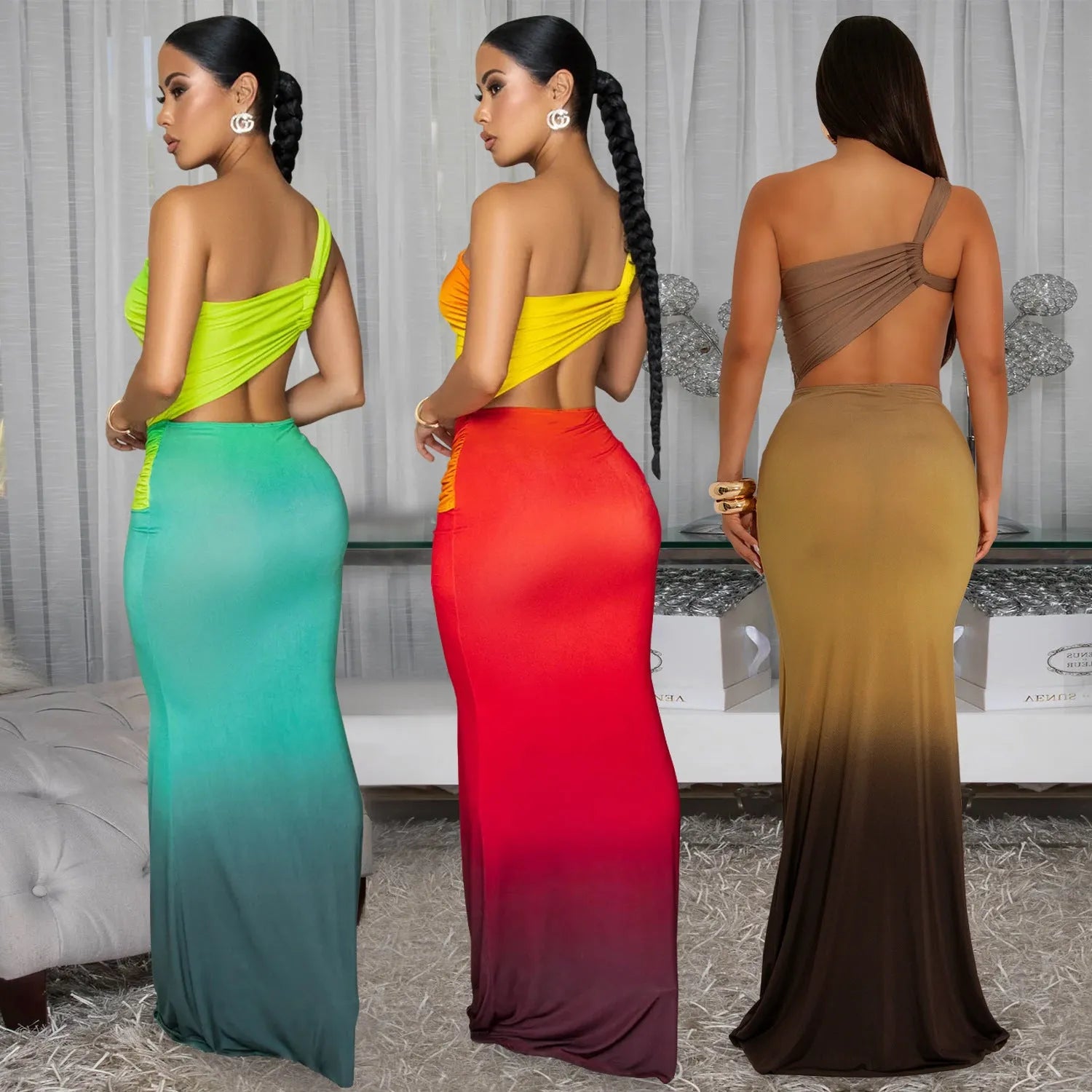 Women's long sleeveless dress with cross-shoulder neckline in a green gradient colour pattern.