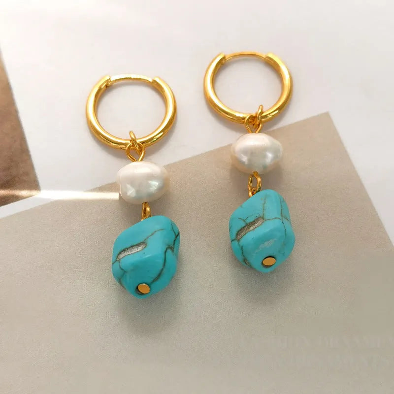 Irregular turquoise cultured pearl clip earring set with geometric copper design