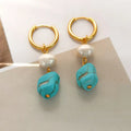 Irregular turquoise cultured pearl clip earring set with geometric copper design