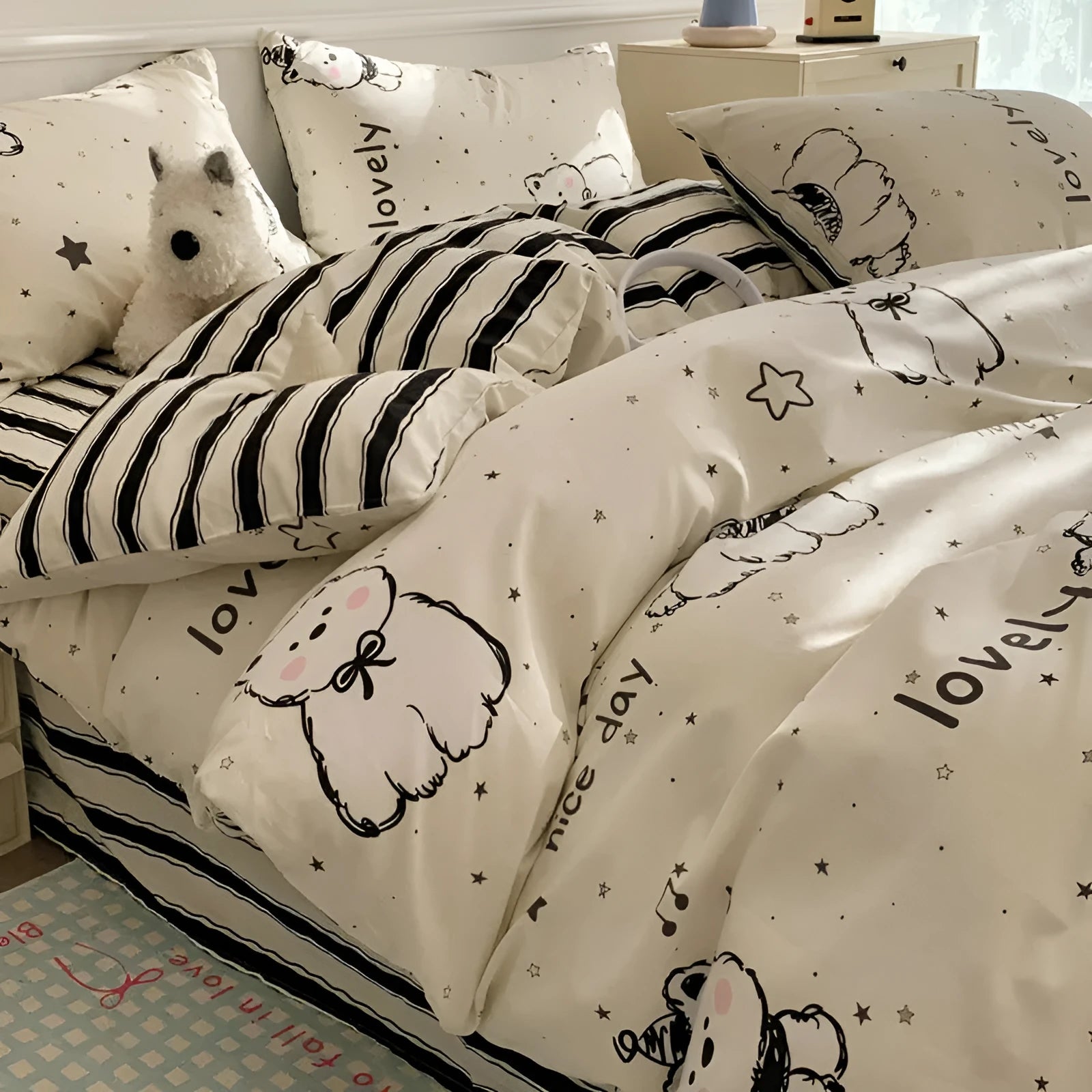 Cartoon dog pattern cotton four-piece bedding set showing duvet cover and pillowcases