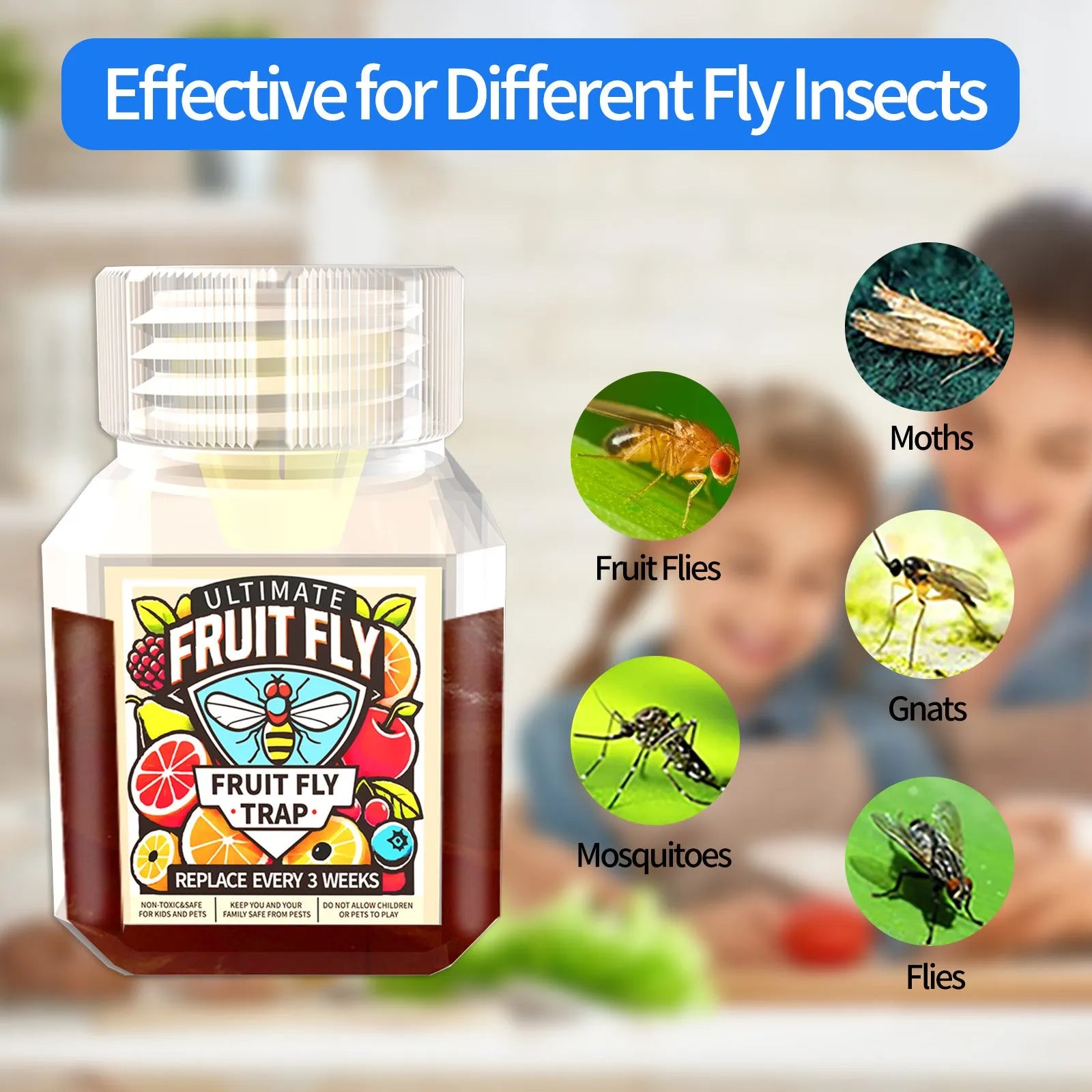 Bottle of SK003 fruit fly trapper bait liquid with funnel packaging option