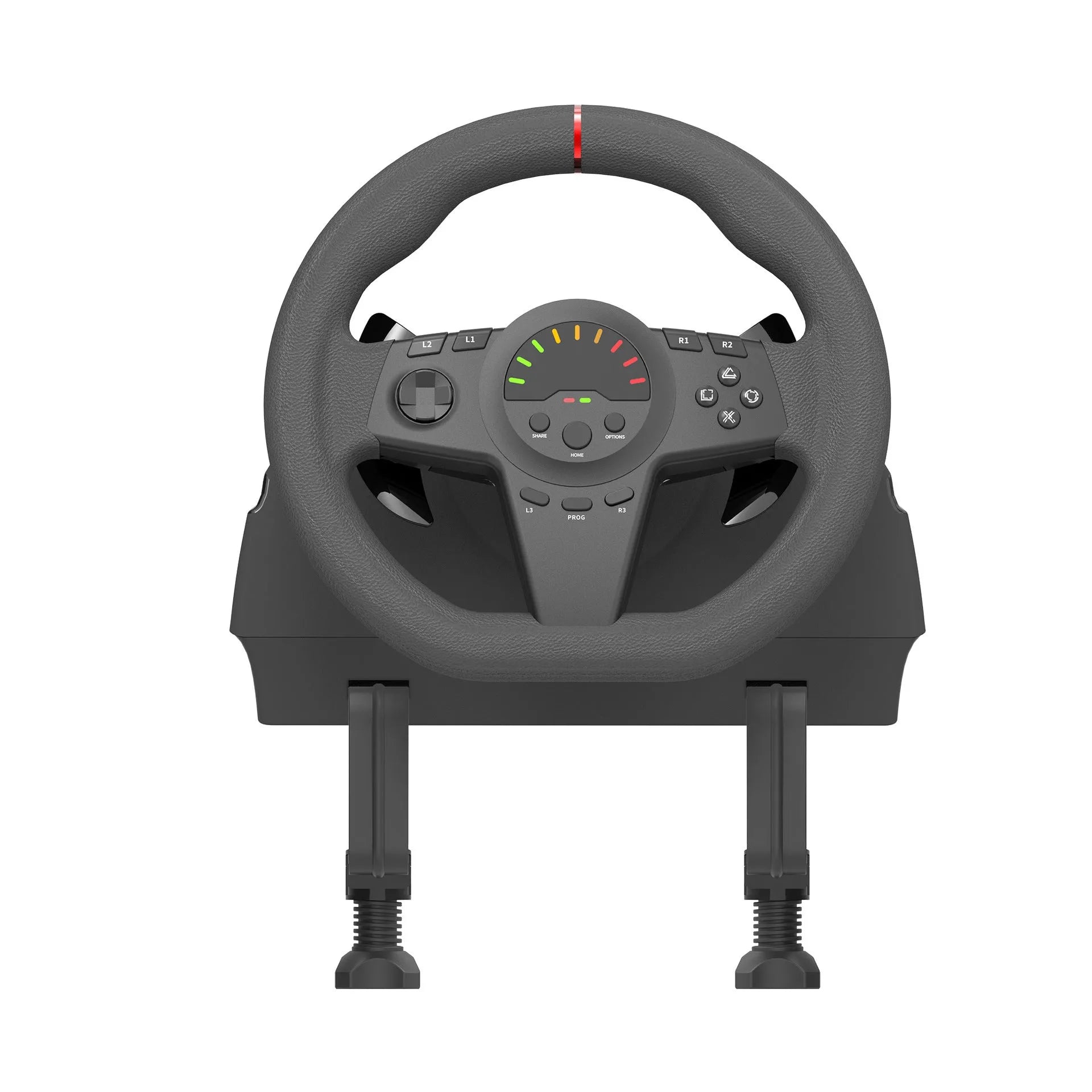 Black multi-platform steering wheel game controller with two pedals and manual mounting bracket