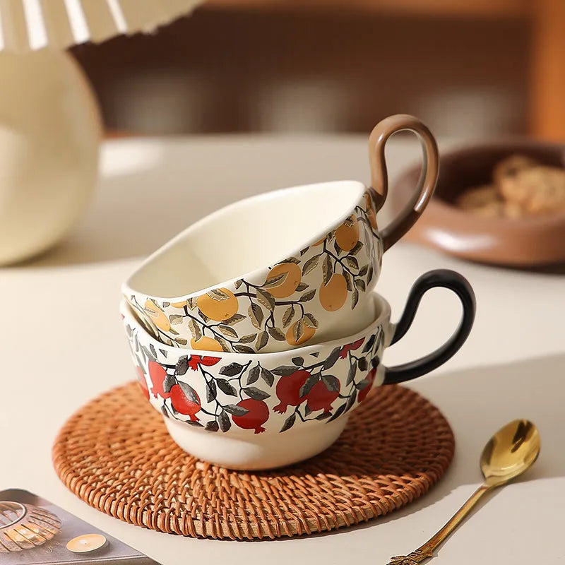 Antique-style ceramic coffee cup and saucer set with 210ml capacity in black or orange retro designs.
