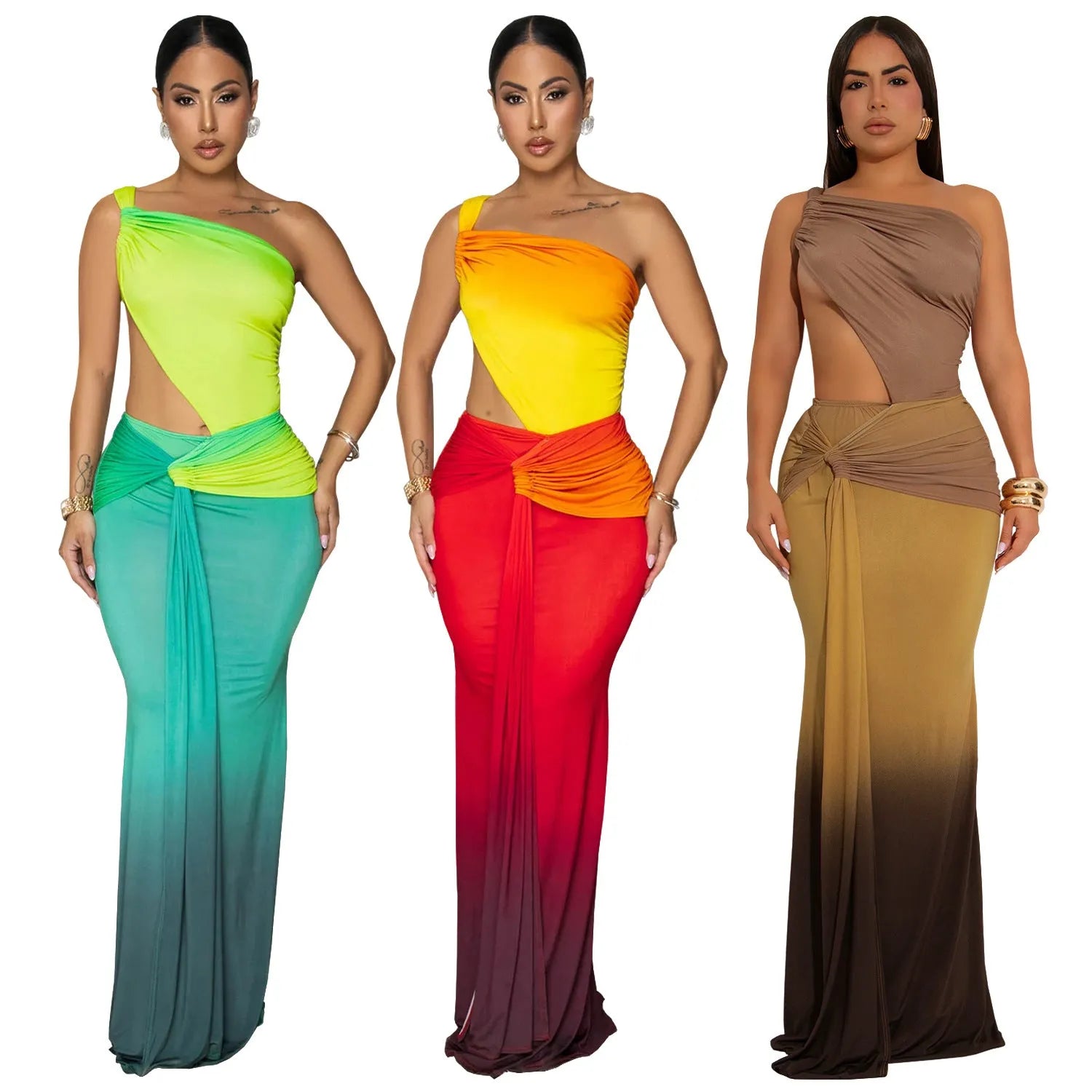 Women's long sleeveless dress with cross-shoulder neckline in a green gradient colour pattern.