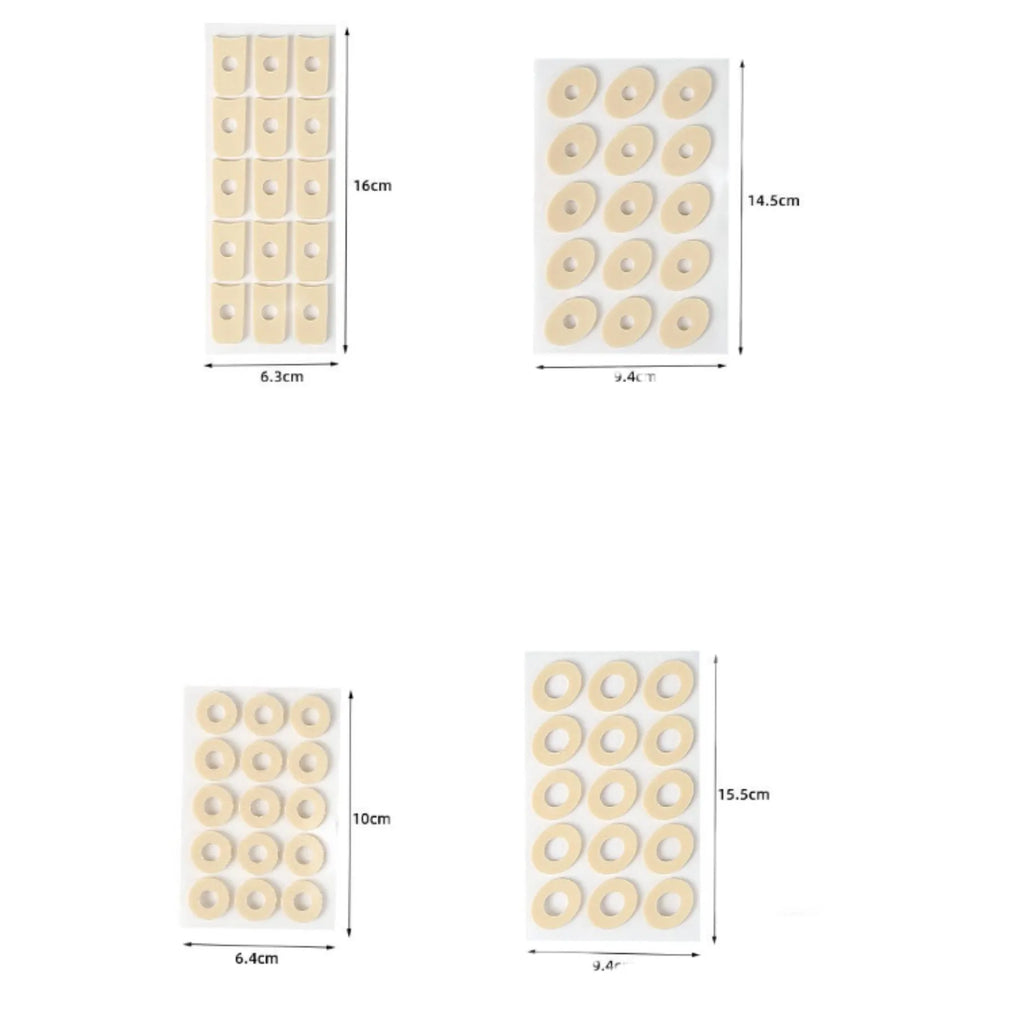Women's heel corns protective toe pads showing four different shapes: large oval, small oval, U-shaped, and circular section PU foam cushions