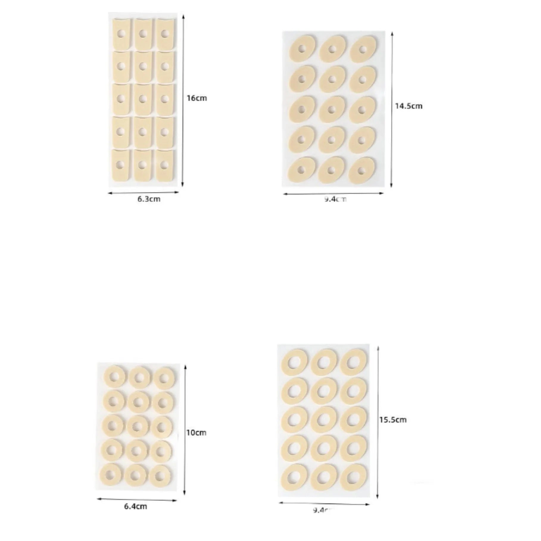 Women's heel corns protective toe pads showing four different shapes: large oval, small oval, U-shaped, and circular section PU foam cushions