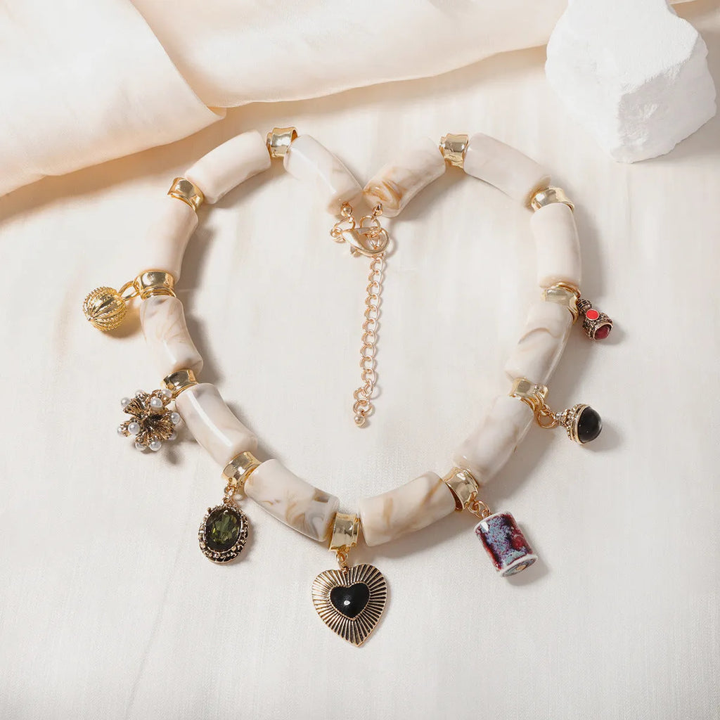 Heart-shaped resin bamboo necklace with electroplated finish on 45cm chain