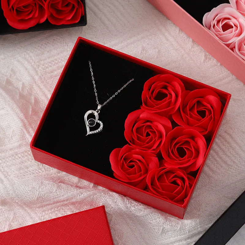 Red soap flower gift box set with six roses and a handbag for Valentine's Day.