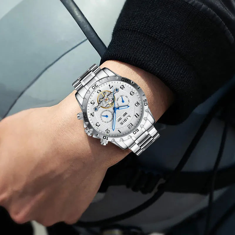 Silver men's automatic perpetual calendar mechanical watch with stainless steel strap