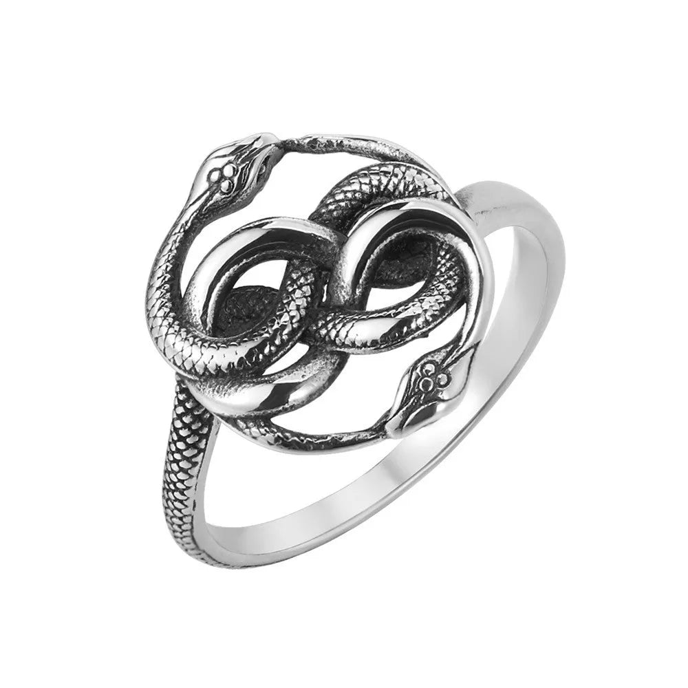 Titanium steel double snake ring in retro style with steel colour finish