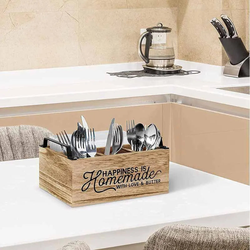 Wooden kitchen storage box with grid dividers for tableware organisation, modern minimalist design