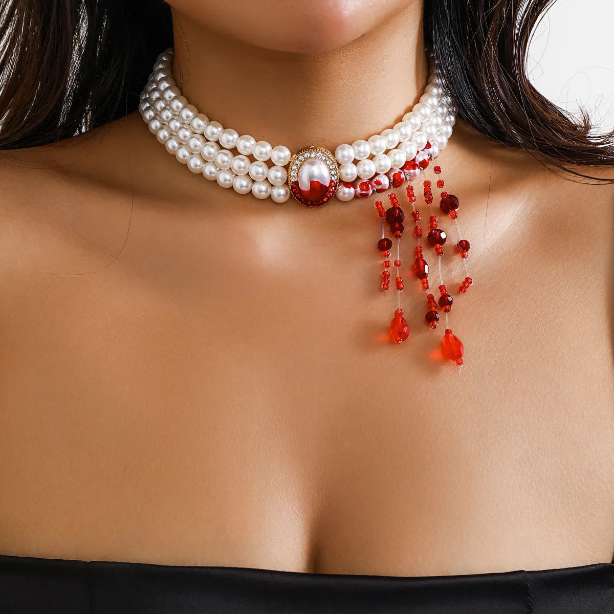 Halloween pearl collar jewellery set with electroplated gold necklace, bracelet and stud earrings in retro gothic style