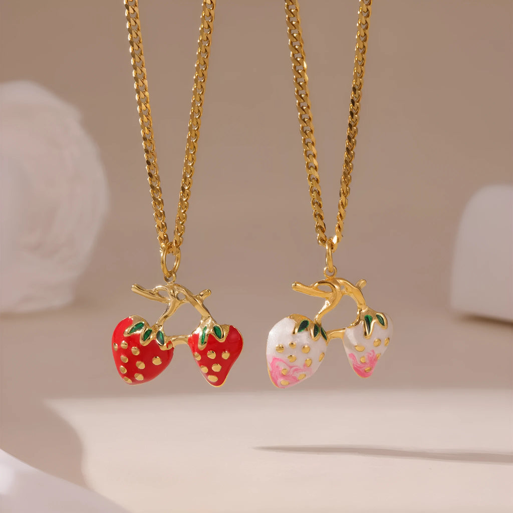 Strawberry fruit necklace for women with stainless steel pendant in red or white gradient colour options