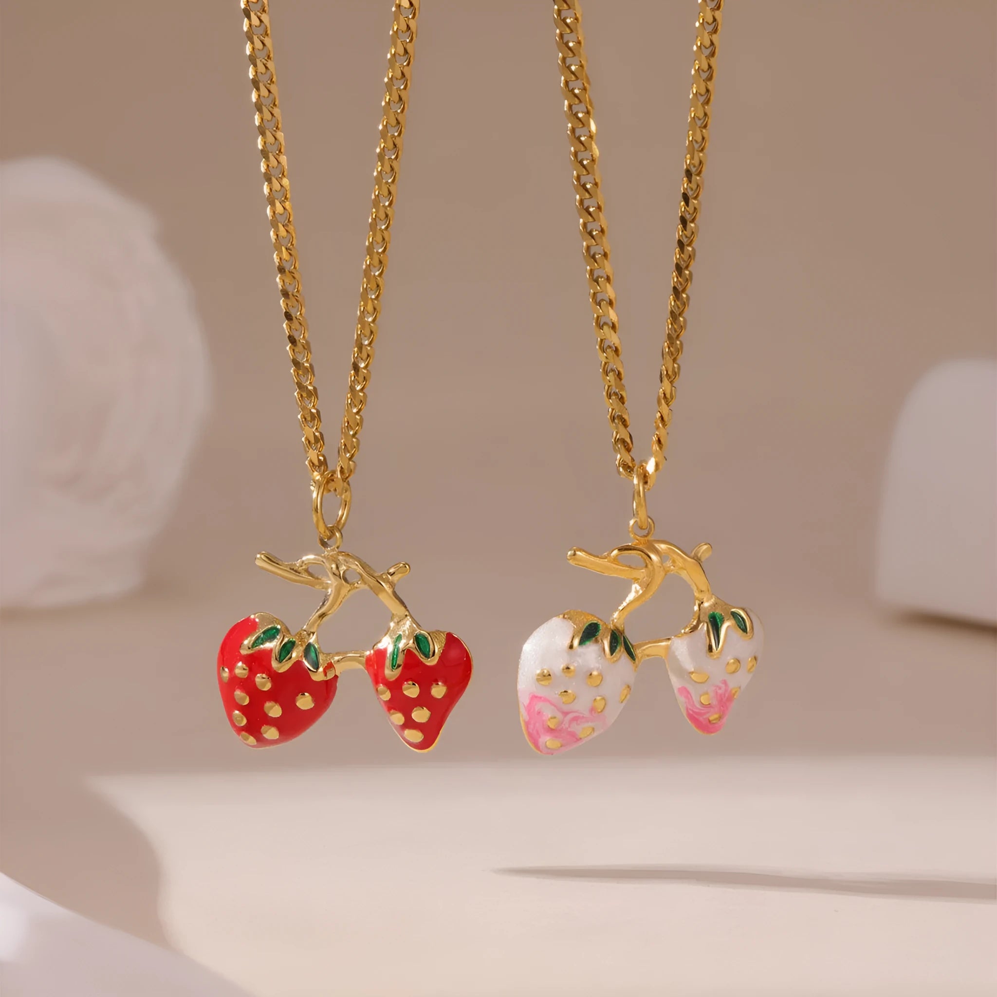 Strawberry fruit necklace for women with stainless steel pendant in red or white gradient colour options