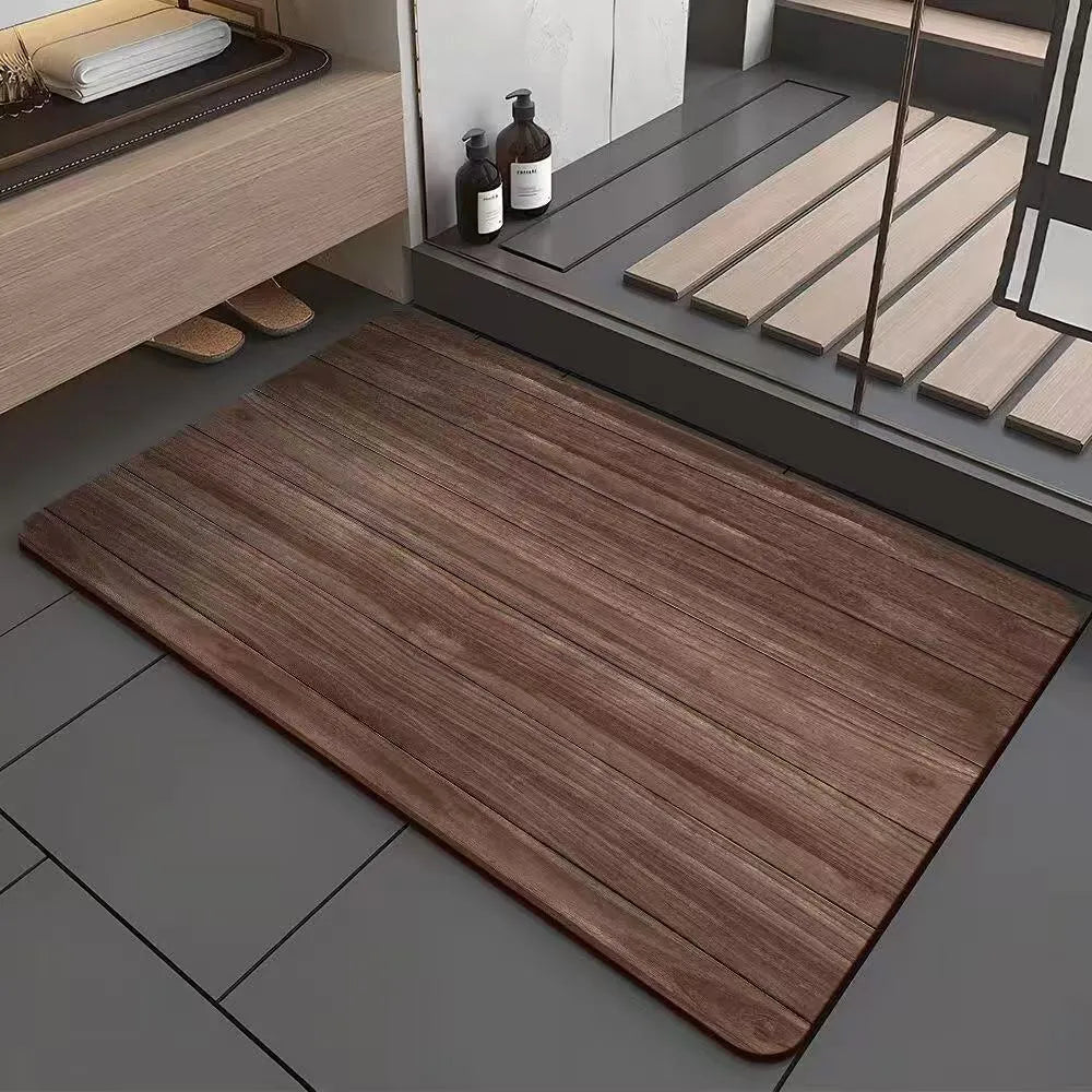 Square American wood grain patterned diatom ooze bathroom floor mat with non-slip backing.