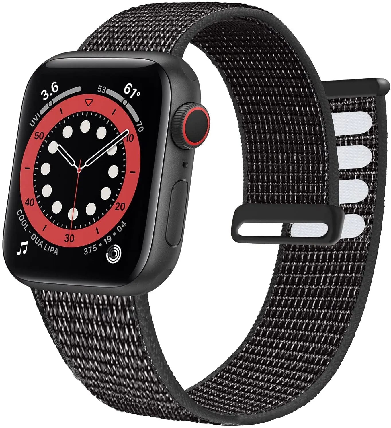 Woven fabric Apple Watch replacement strap shown in multiple colour options including reflective finishes.