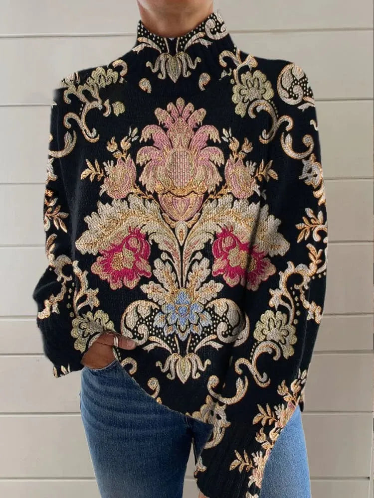Black knitted turtleneck sweater with 3D pattern printing in loose fit design