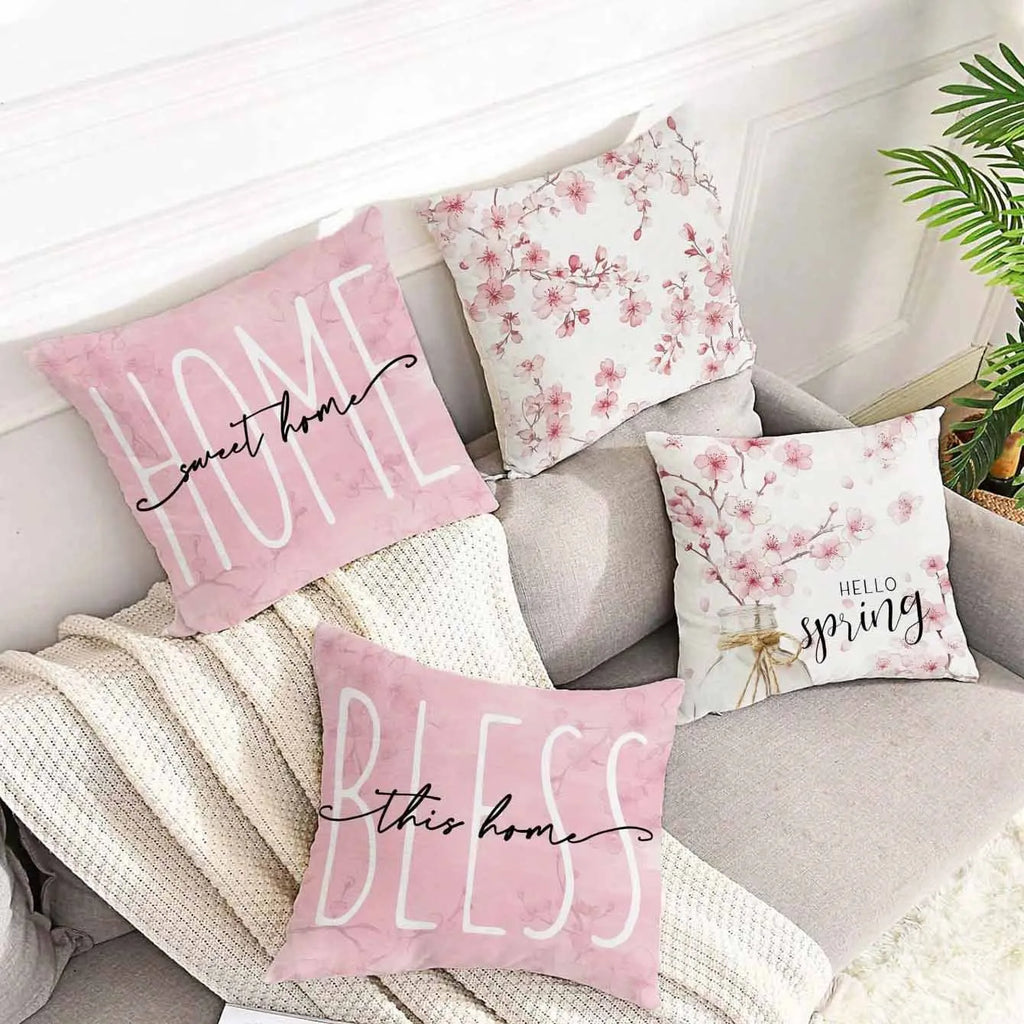 Spring Cherry Blossom Letter design on a short velvet cushion cover for sofa decor.