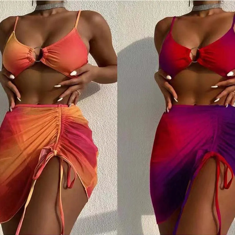 Women's orange gradient print three-piece swimsuit with loop buckle suspender
