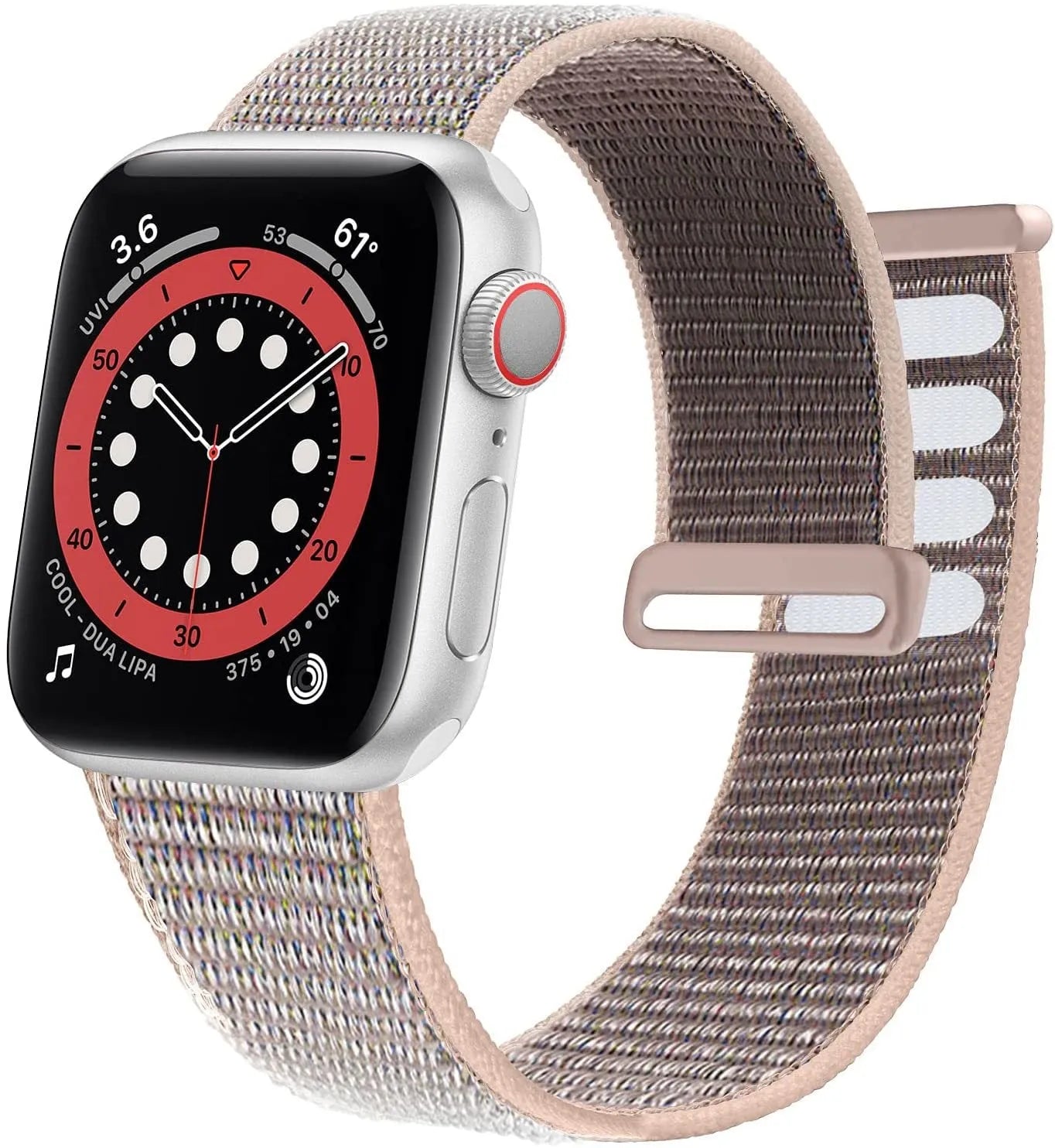 Woven fabric Apple Watch replacement strap shown in multiple colour options including reflective finishes.