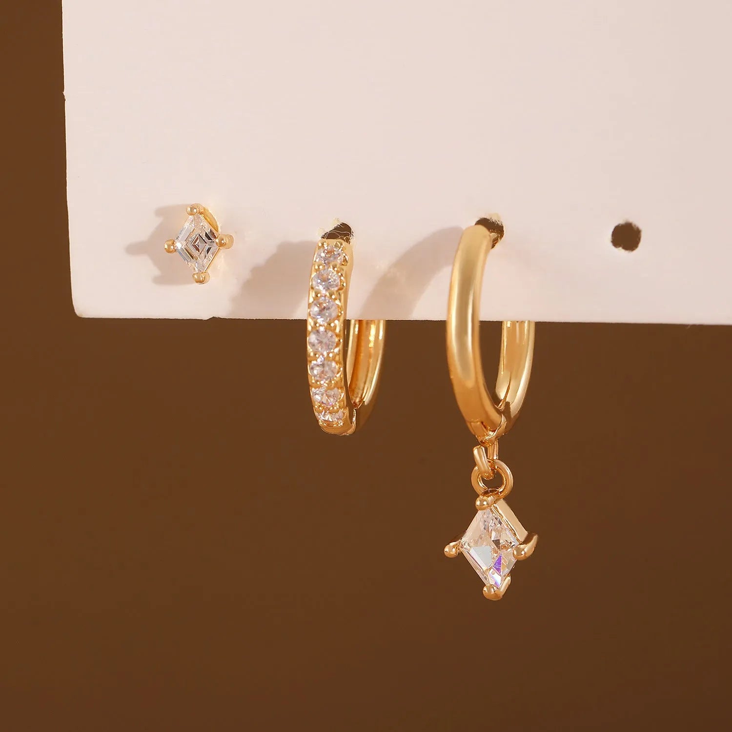 Geometric zircon three-piece ladies earring set with gold and silver plating options