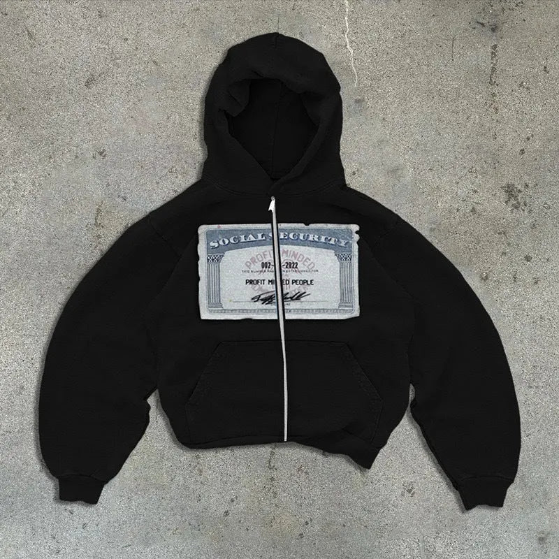 Unisex hoodie zipper jacket with letter pattern design in black colour showing zippered front and pockets
