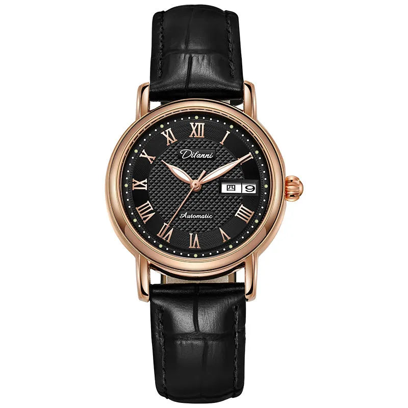 Women's automatic mechanical watch with a choice of steel bracelet or leather strap and white or black dial.