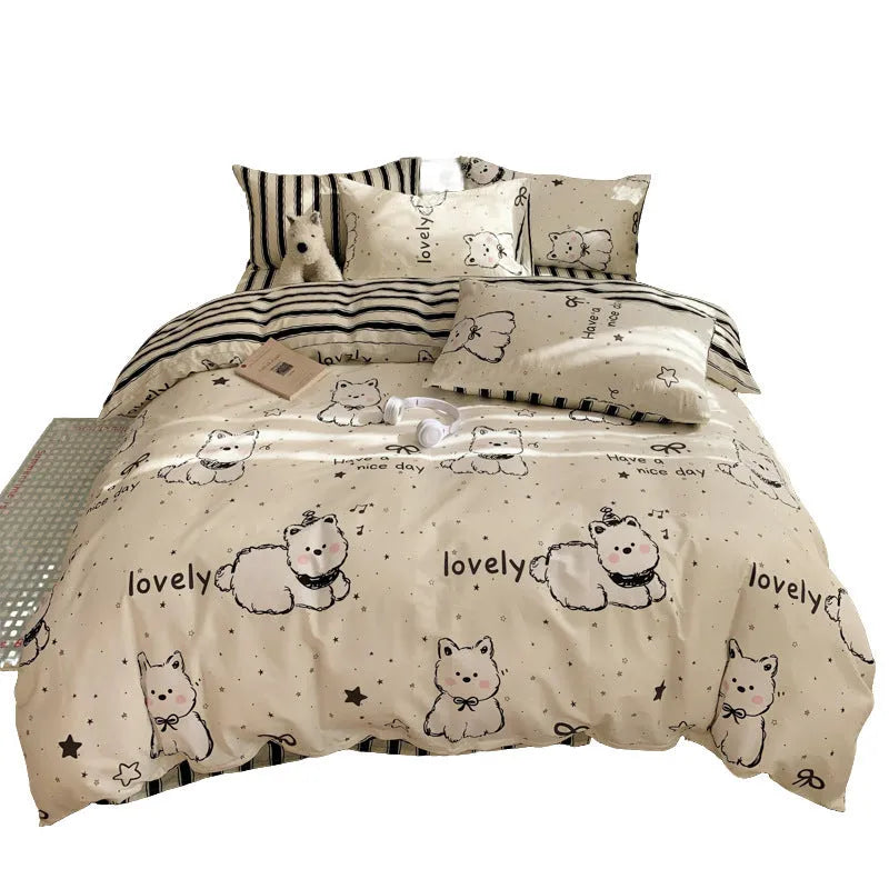 Cartoon dog pattern cotton four-piece bedding set showing duvet cover and pillowcases