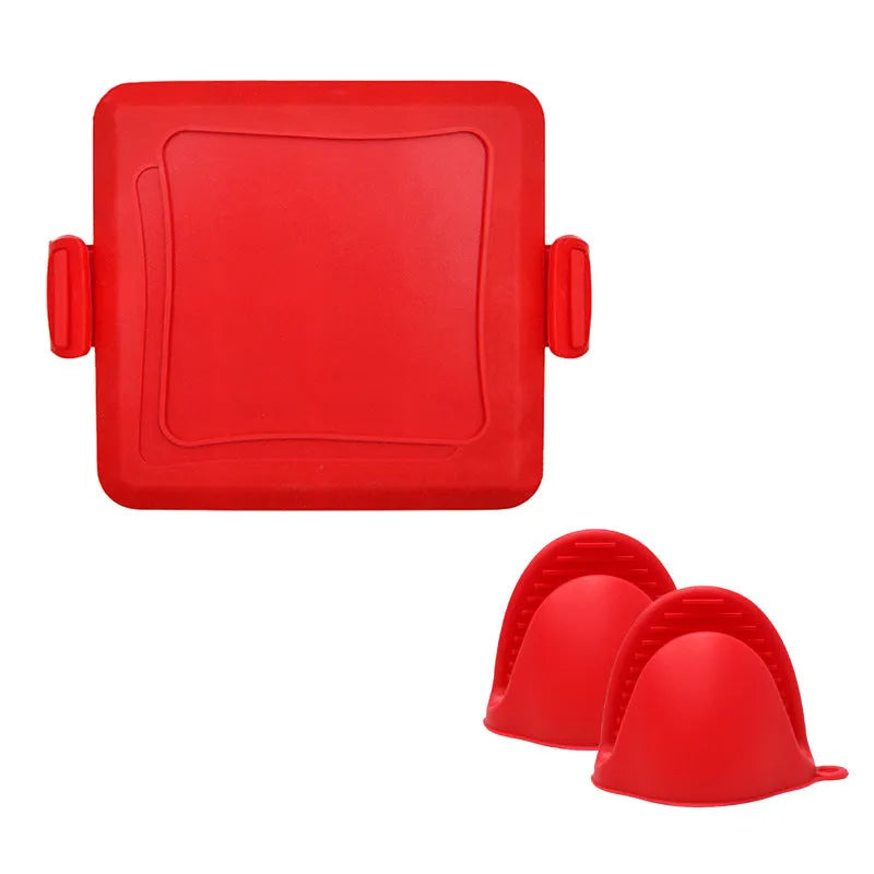 Red silicone baking tray with matching hand clamp set for anti-scald kitchen protection