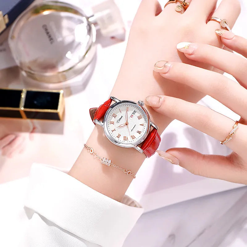 Women's automatic mechanical watch with a choice of steel bracelet or leather strap and white or black dial.