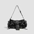 Black retro dumpling-shaped women's shoulder bag with oil wax leather finish and three-dimensional pockets.
