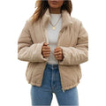 Women's apricot corduroy wadded jacket with stand collar and front zipper in street fashion style