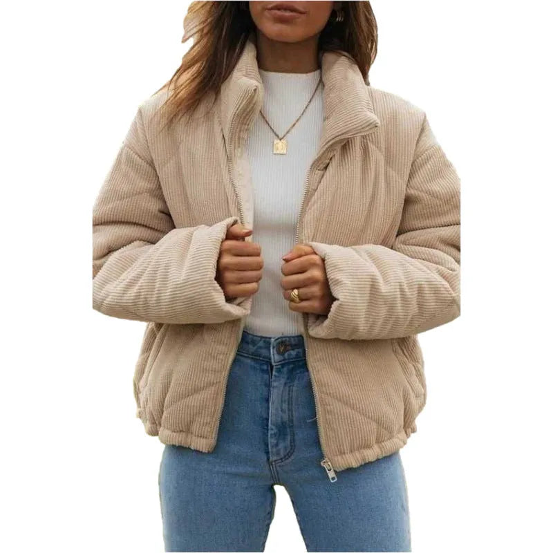 Women's apricot corduroy wadded jacket with stand collar and front zipper in street fashion style