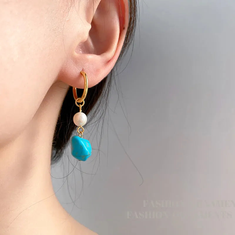 Irregular turquoise cultured pearl clip earring set with geometric copper design