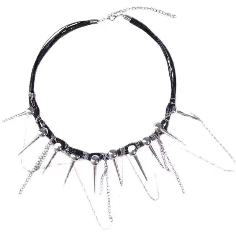 Women's casual leather necklace with round electroplated rivet beads and winding tassel detail